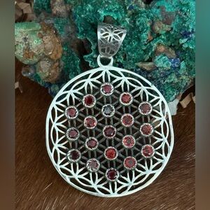 Garnet open work sterling silver large pendant
